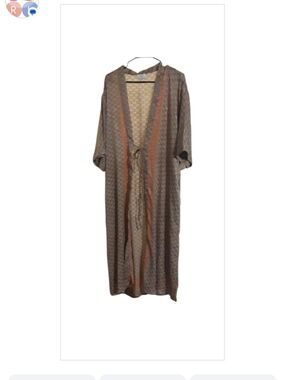 Long Floral-Print Kimono Wrap in Gray and Rust